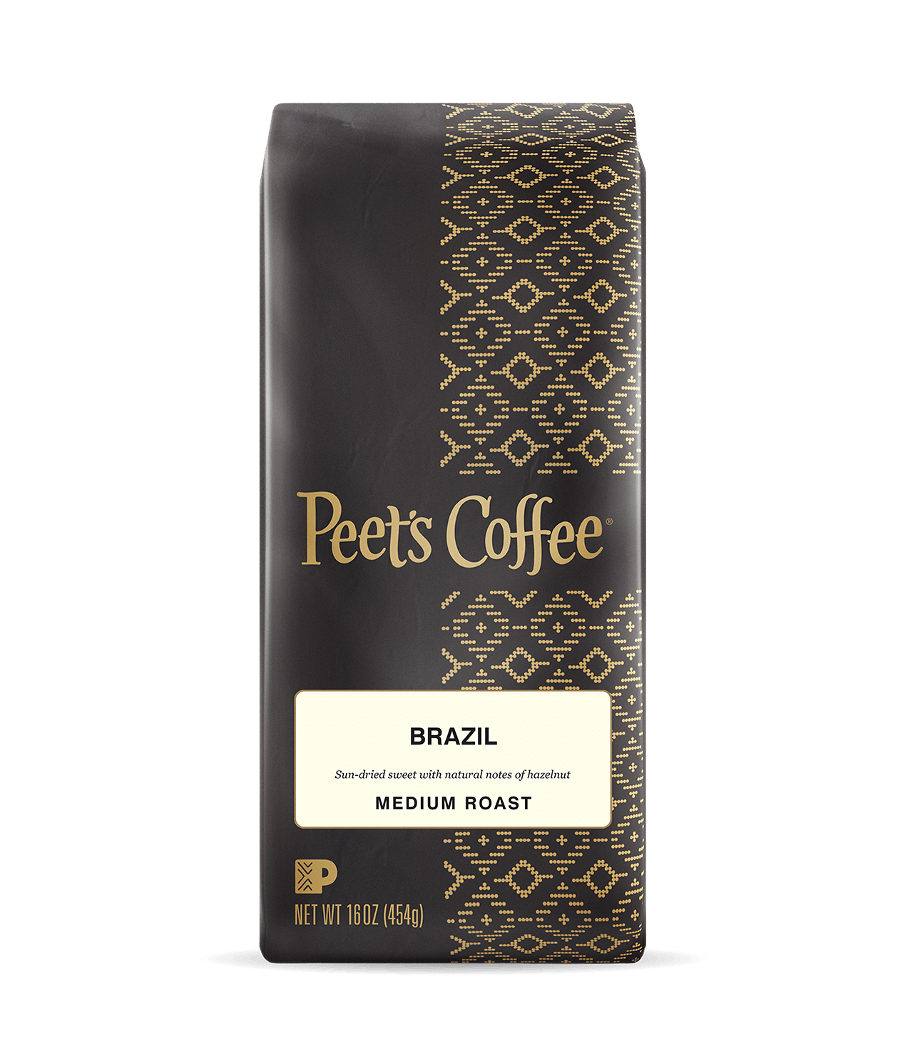 Peet's Coffee Brazil Medium Roast Coffee beans in a brown 16 ounce bag